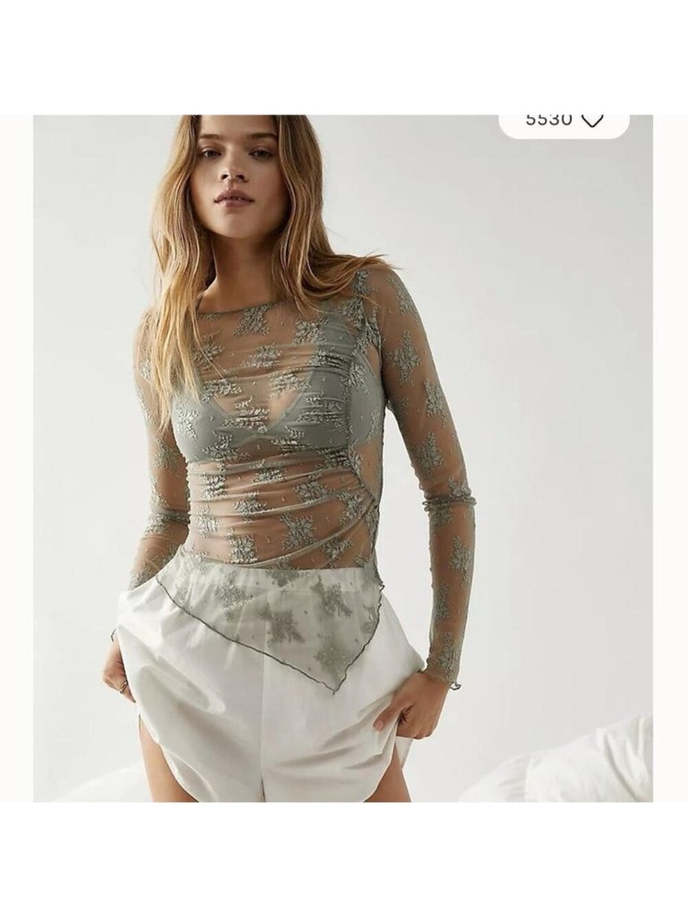 Free People Intimately Green Tea Leaves Mesh Floral Asymmetrical Top XS